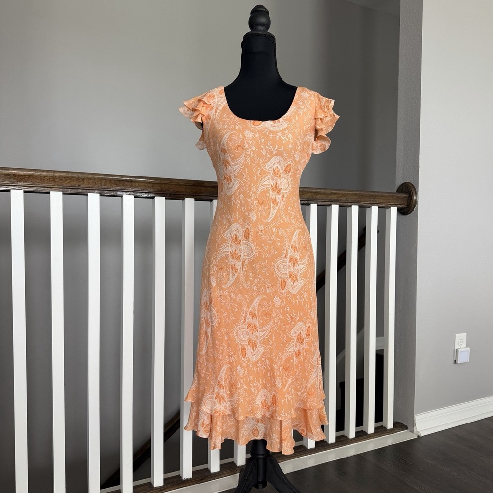 Vtg Jones New York Y2K 100% Silk Midi Dress 6P Paisley Flutter Sleeve Whimsigoth